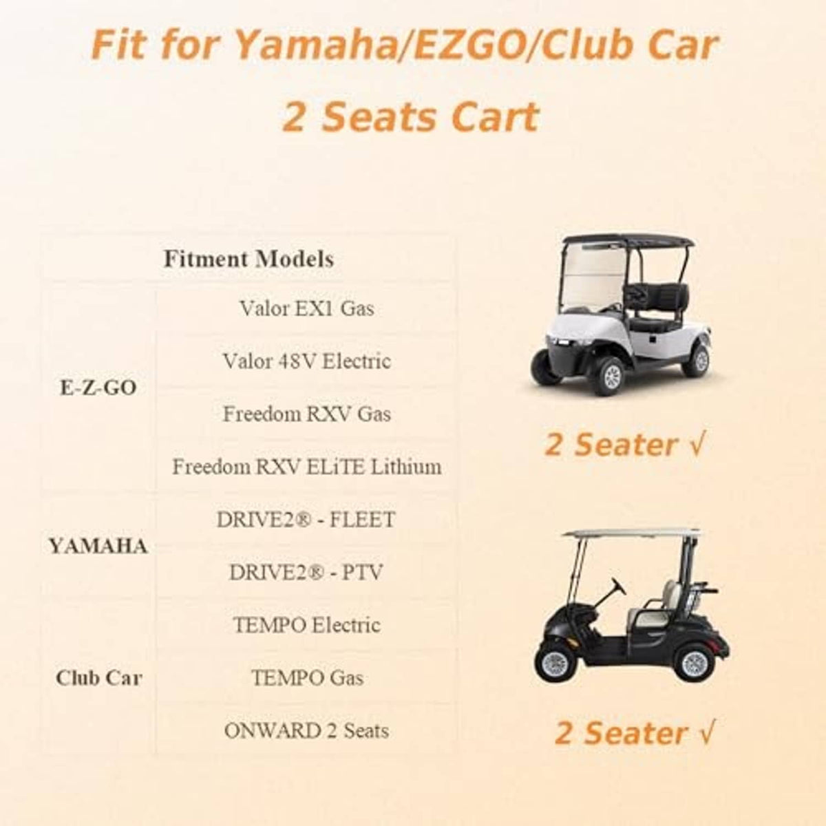 Golf cart cover compatibility graphic for 2-seat models with cart icons