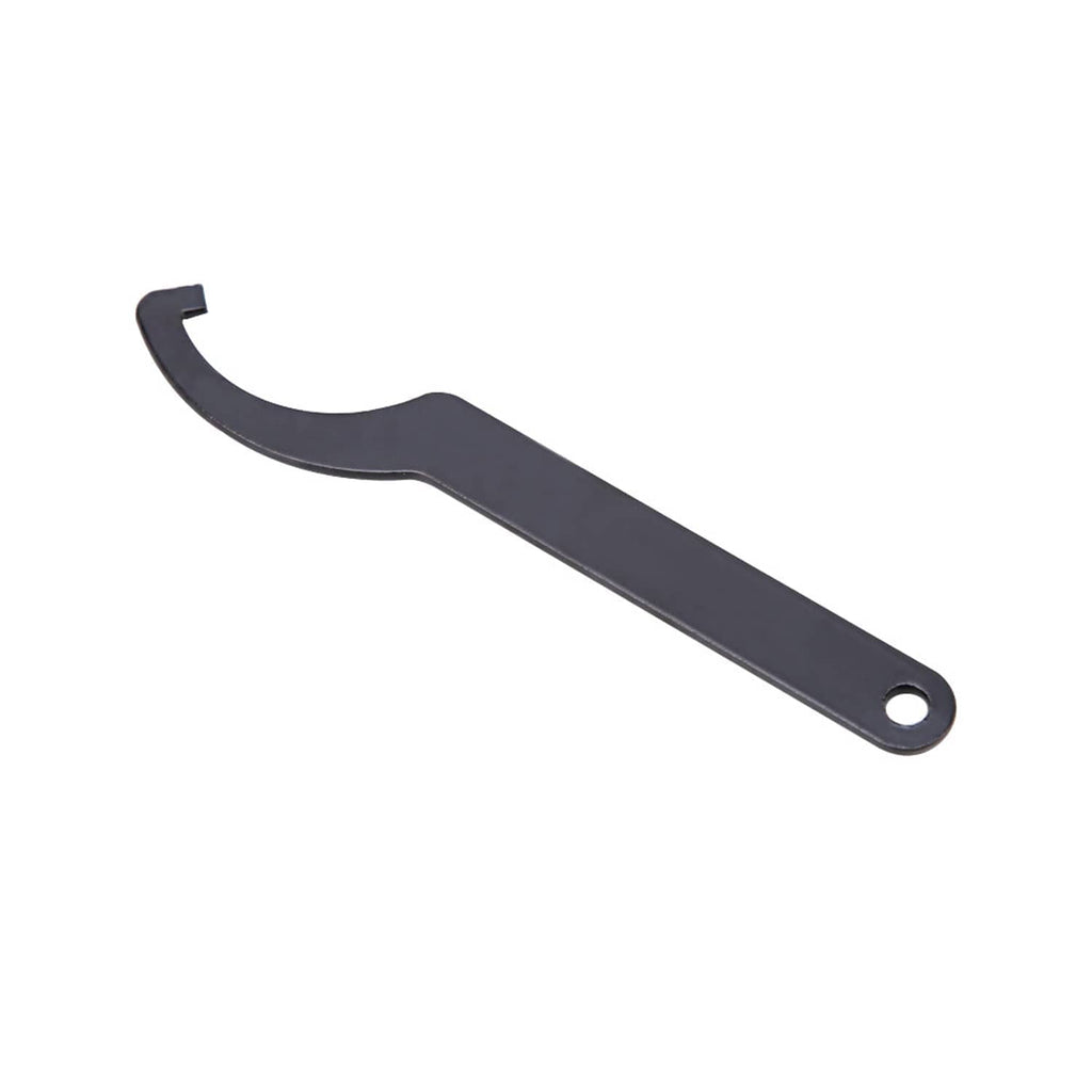 Shock spanner wrench tool, dark blue metal with curved hook jaw and side hole