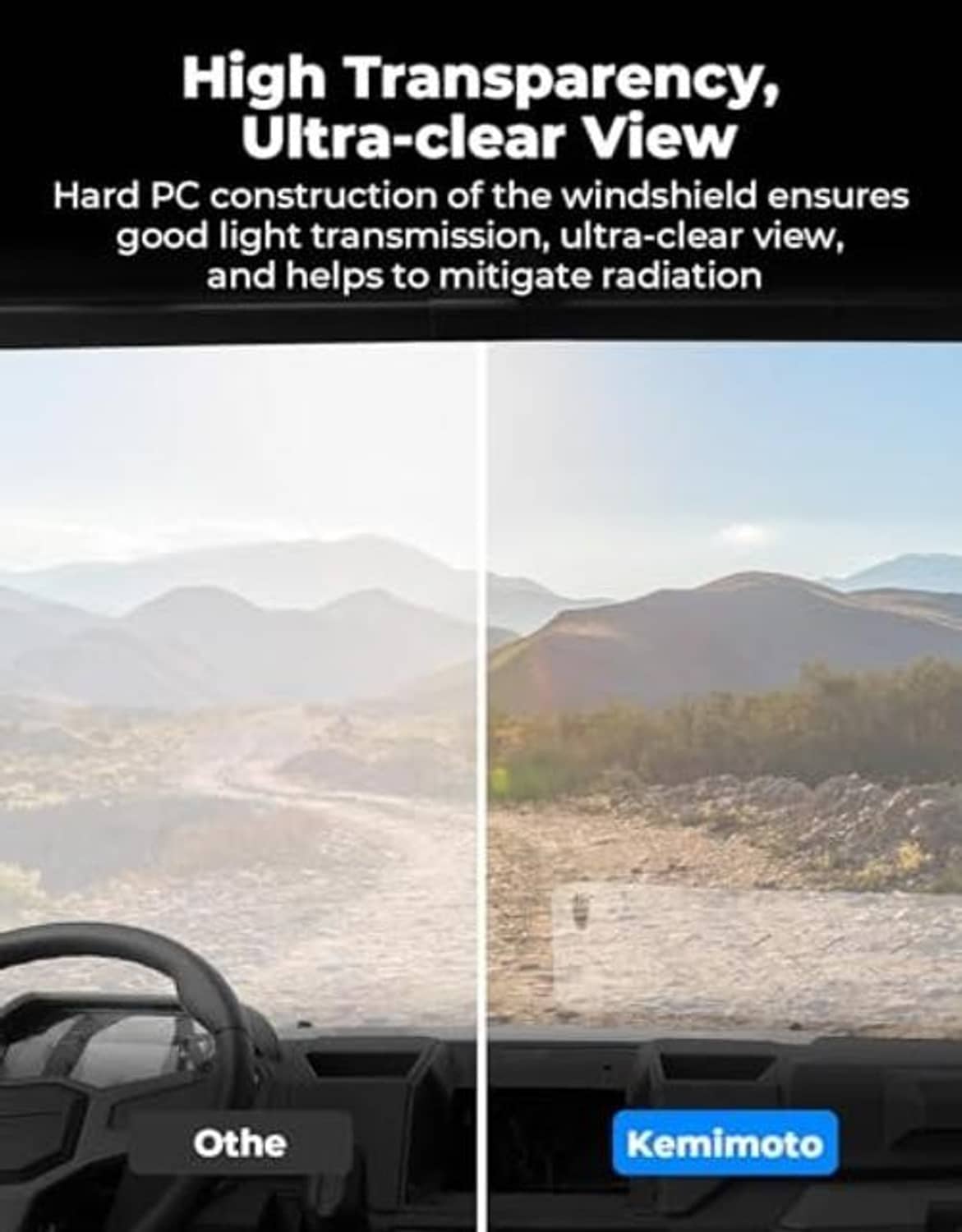 Front windshield panel for Polaris Ranger, clear high-transparency hard PC glass.