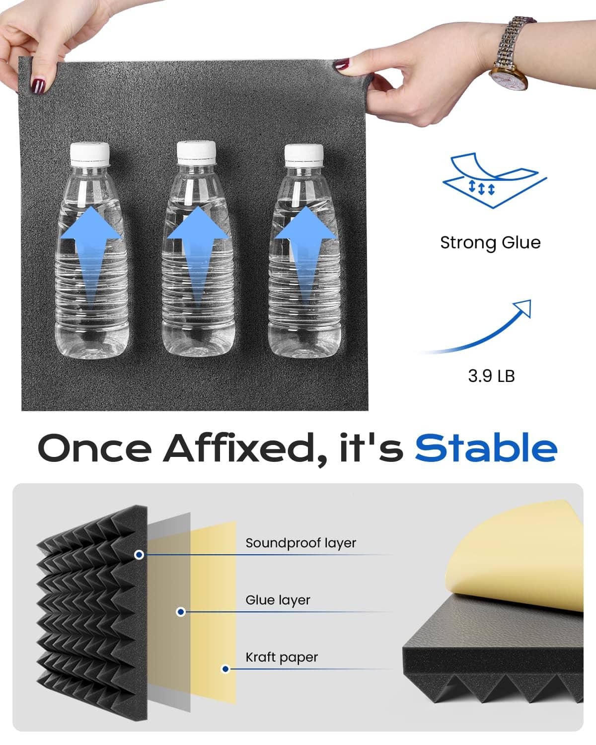 Black pyramid soundproof foam sheet with strong adhesive shown on application