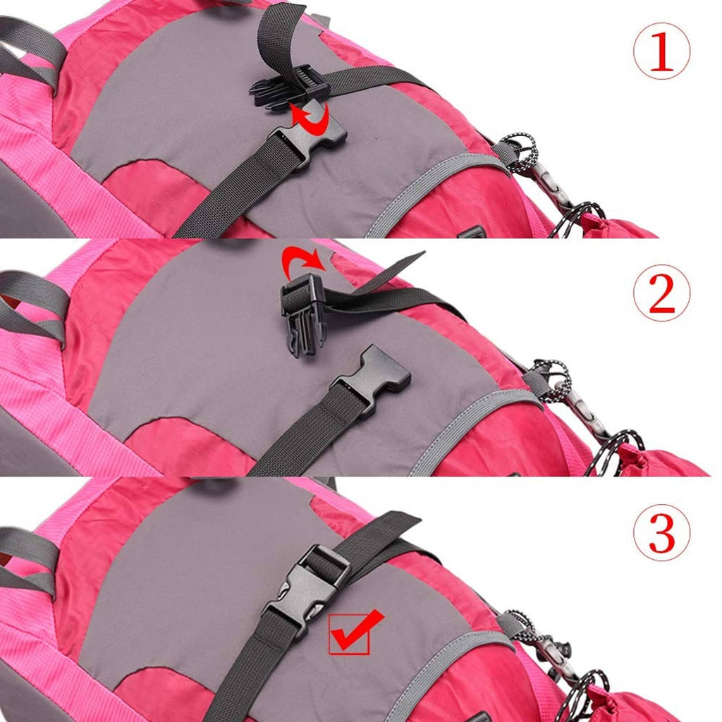 Dark gray packing strap buckled to a pink bag, adjustable 1-inch webbing