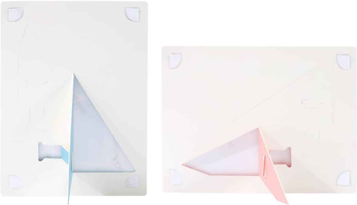 White cardboard photo frame back with built-in easel stand, angled triangular support