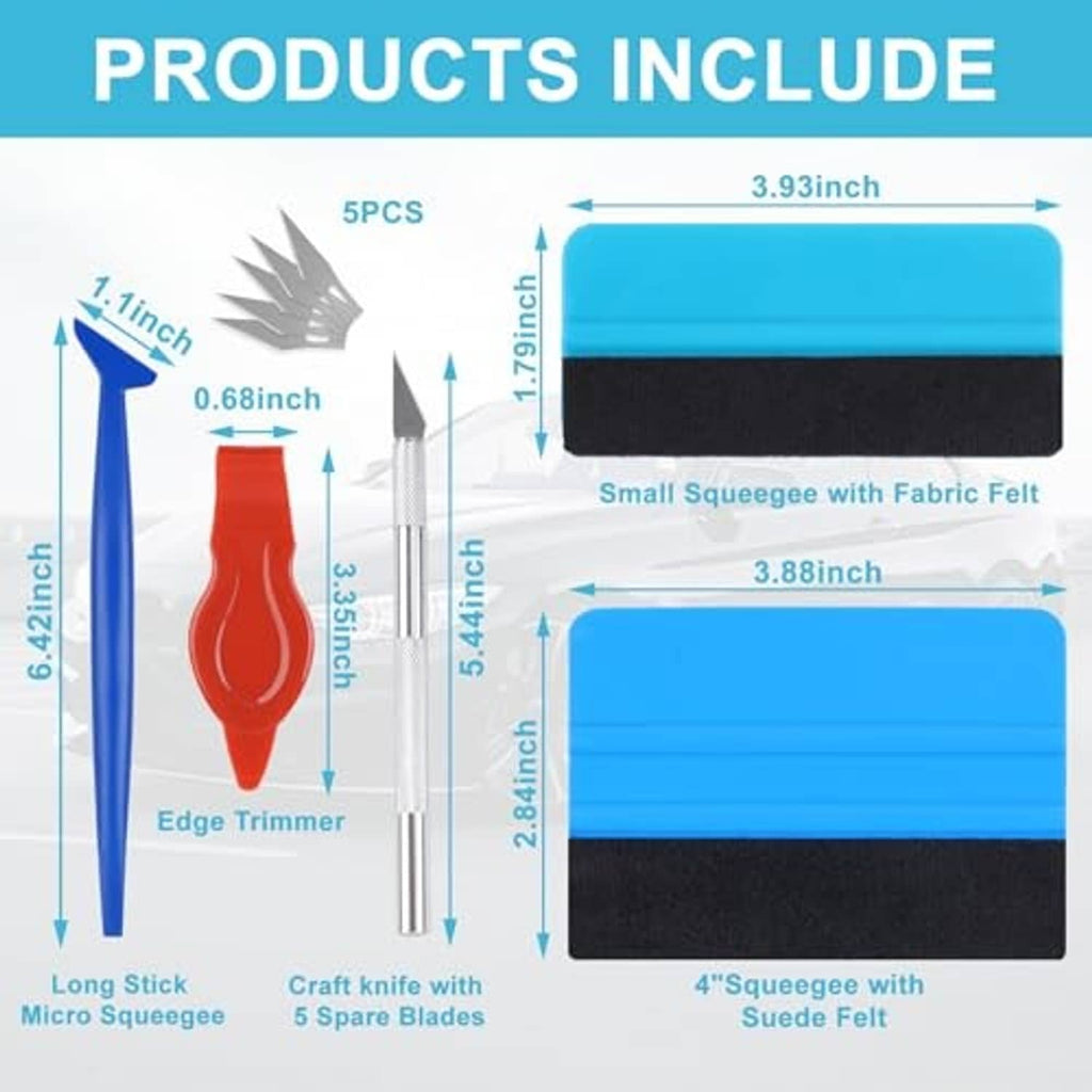 Window tint tools include blue squeegees, edge trimmer, long stick micro squeegee, blades