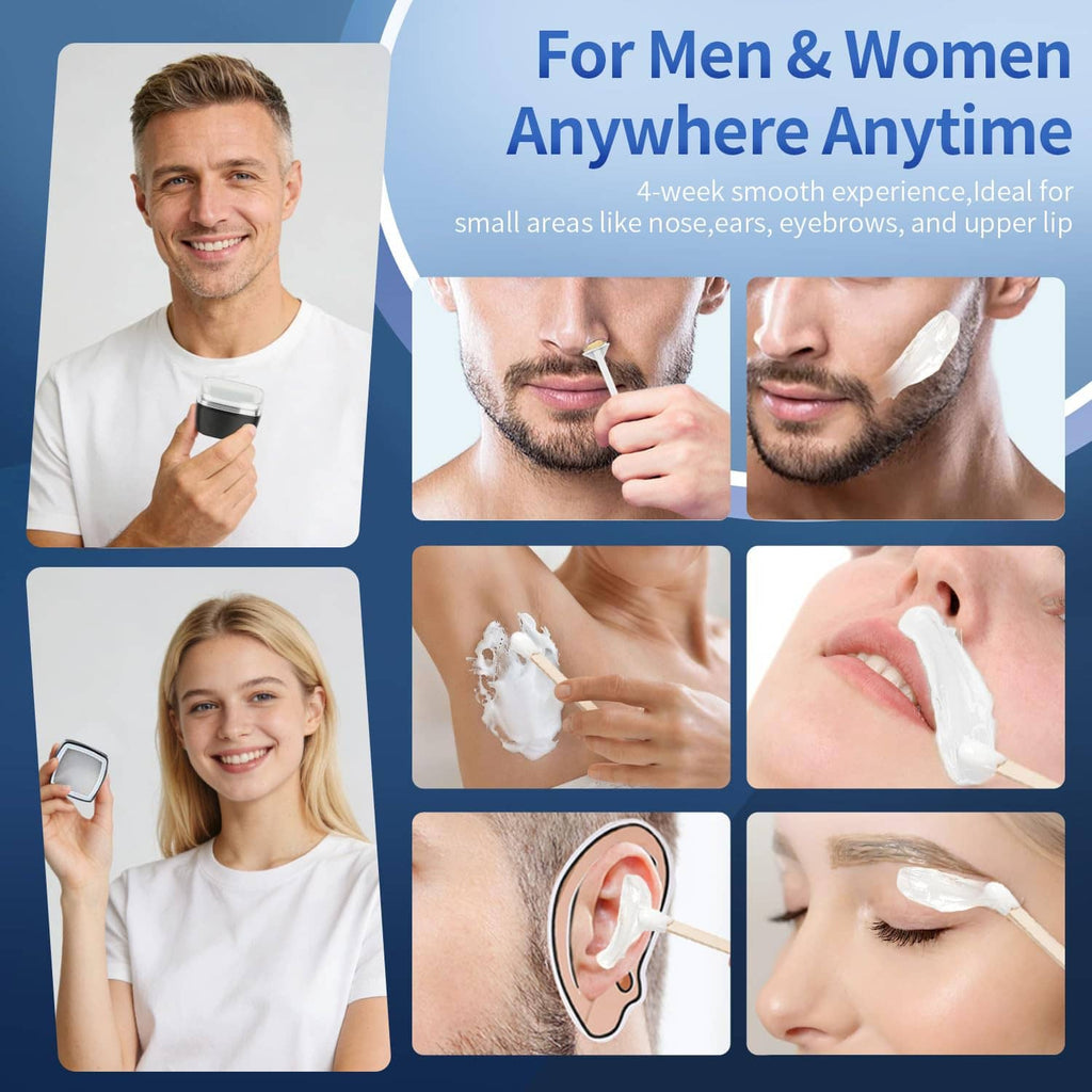 Nose wax kit applicator tools and wax application on nose, ear, and upper lip areas