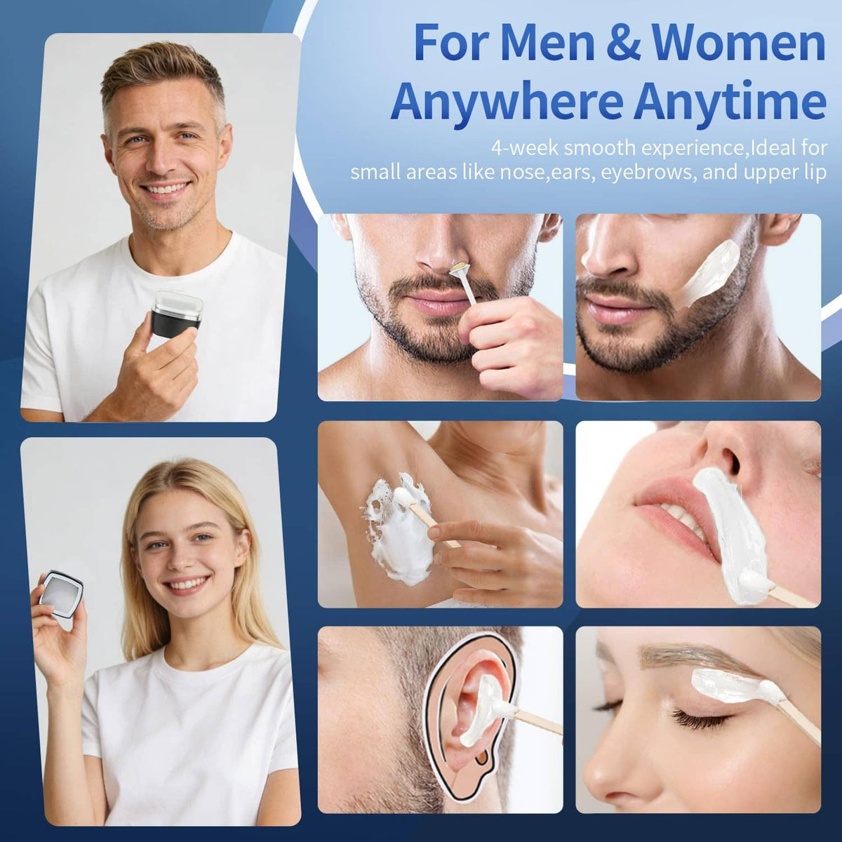 Nose wax kit applicator tools and wax application on nose, ear, and upper lip areas