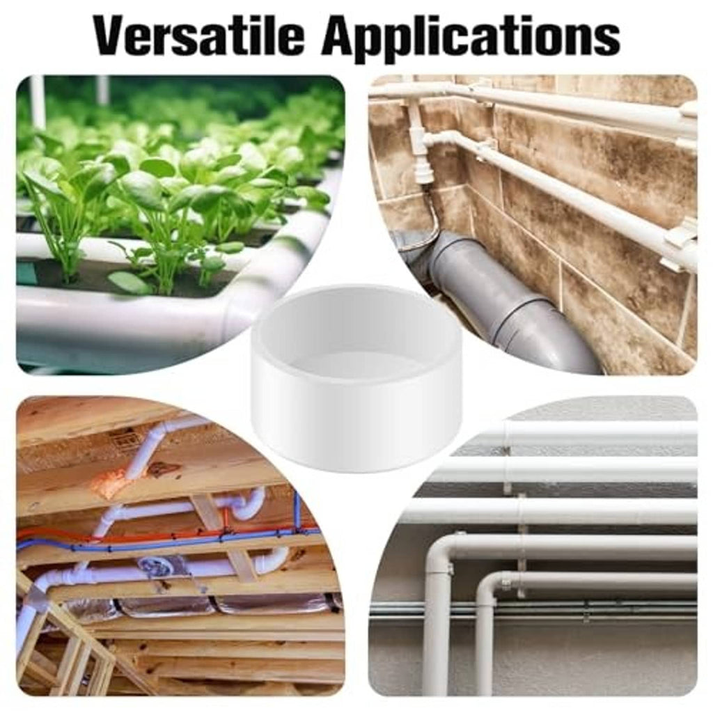 White PVC pipe end caps shown for irrigation and plumbing connection uses
