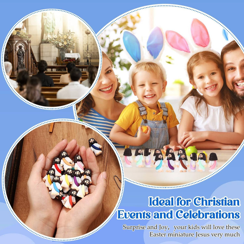 Mini rubber Jesus figurines with colorful robes shown in a hand, small sizes