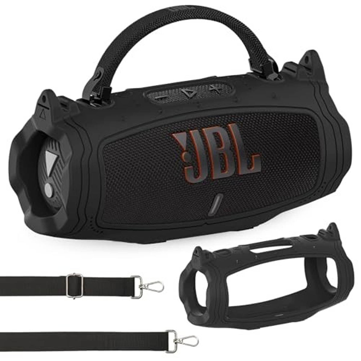 Black silicone case with handle and front grille protection for portable Bluetooth speaker