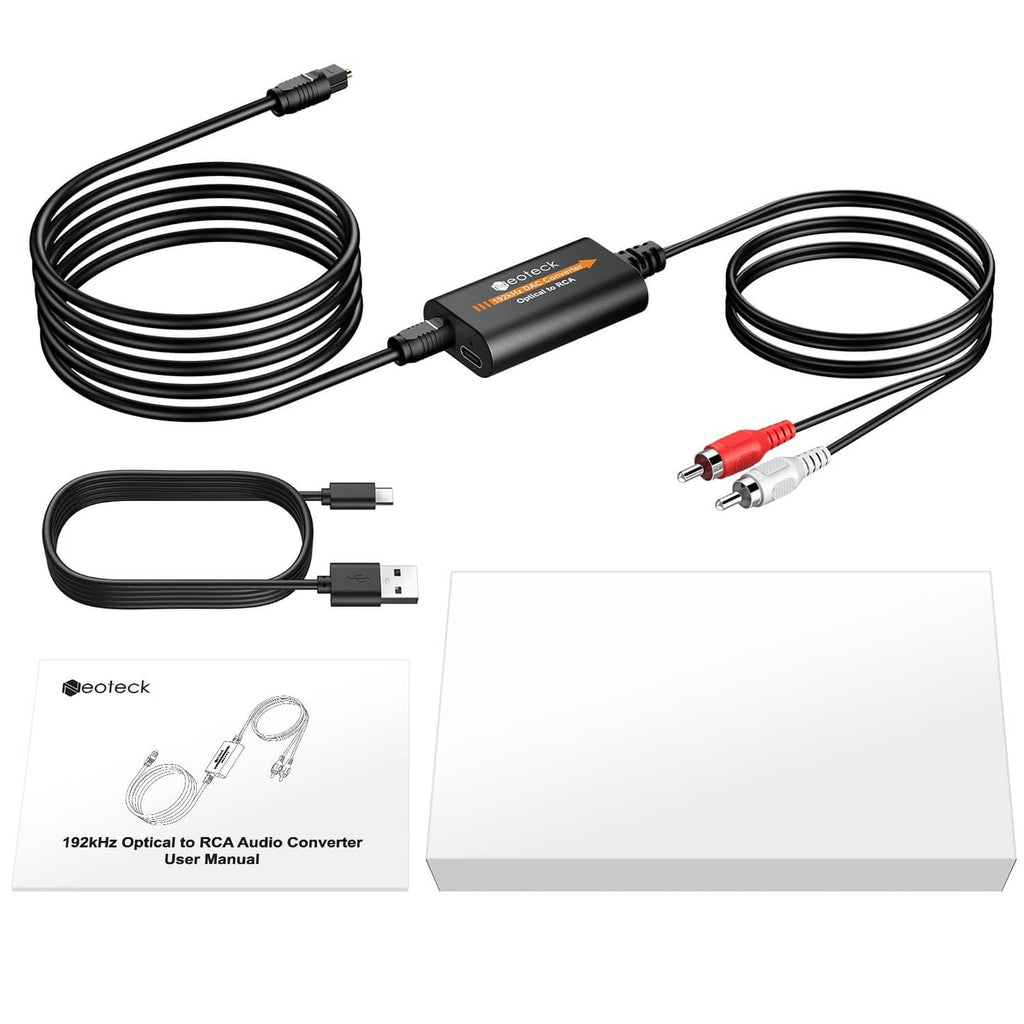 Neoteck optical SPDIF to RCA DAC converter cables set with user manual and box