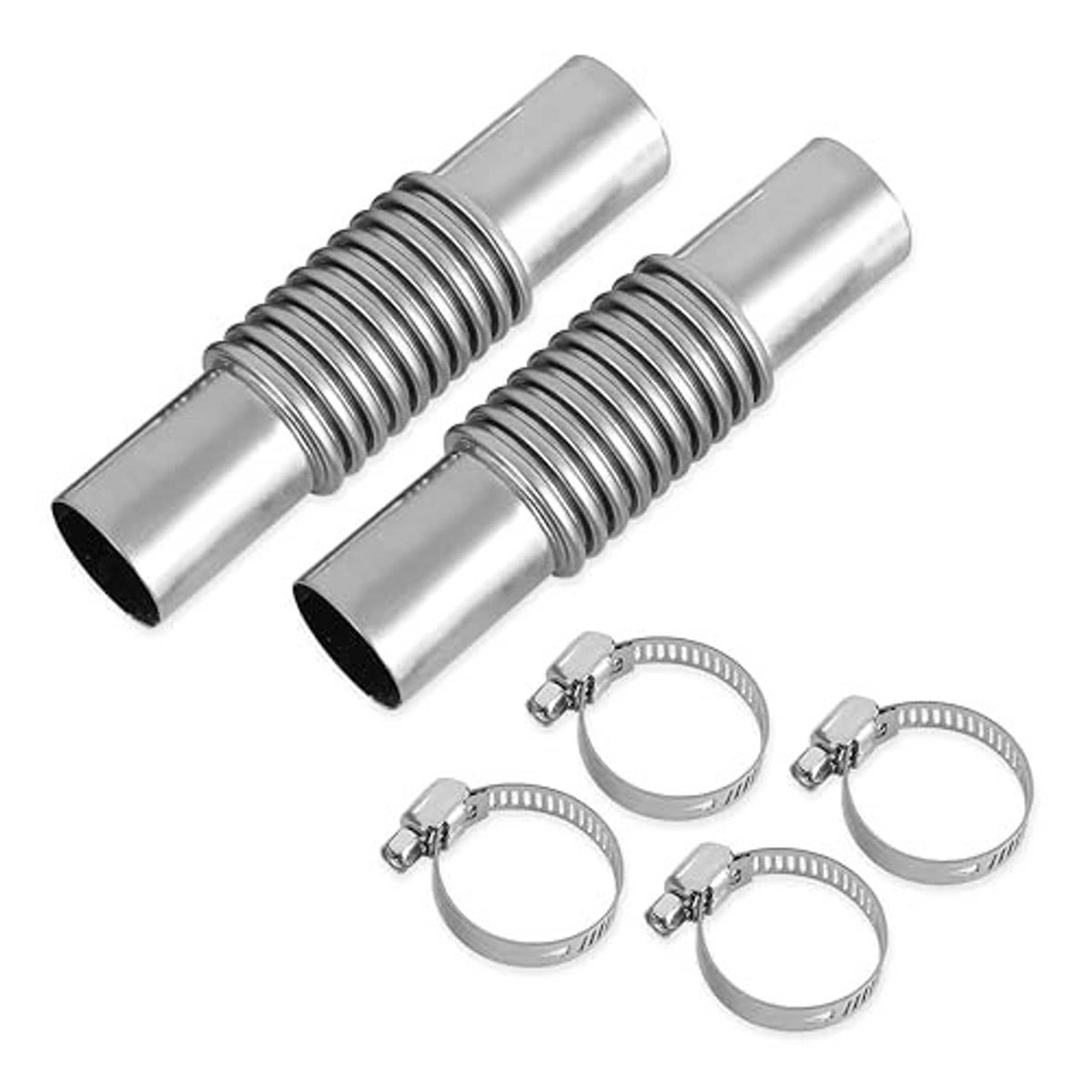 Pair stainless steel exhaust pipe connectors with spring corrugated sleeves and 4 clamps