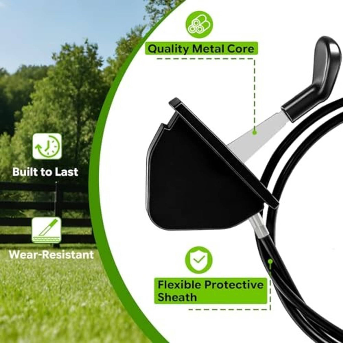 Black throttle cable with lever and flexible protective sheath near housing