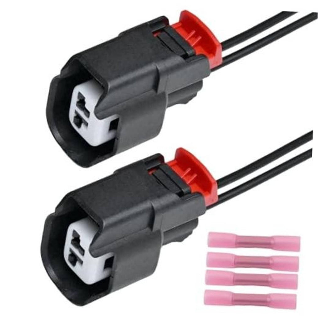 ABS wheel speed sensor connector pigtail, black housing with red latch, two-pin ports, wires