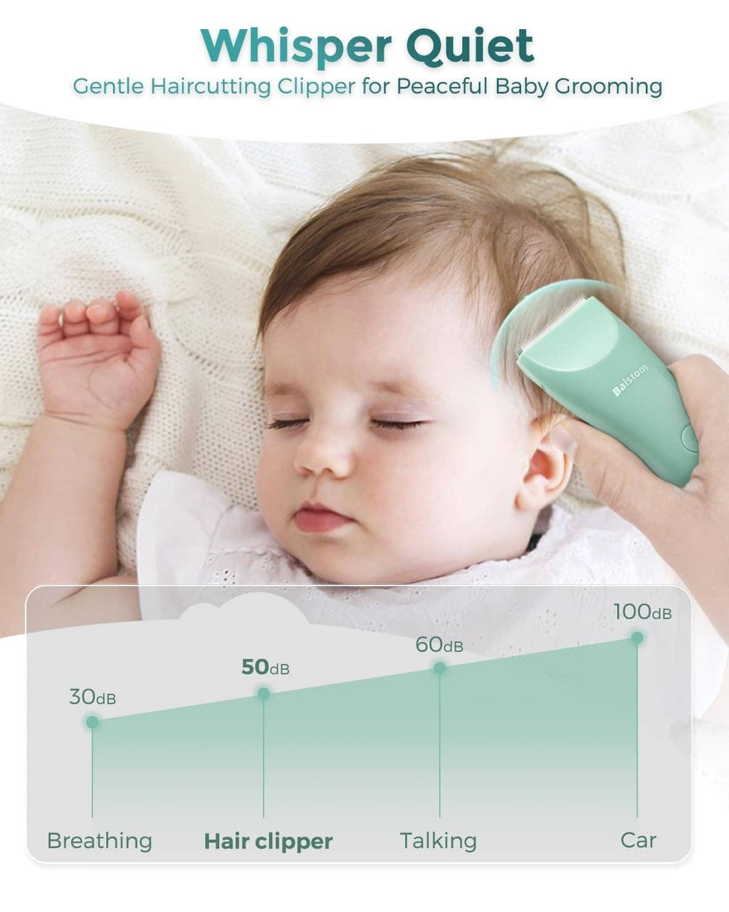 Baby hair clipper in mint teal, held near sleeping baby's head