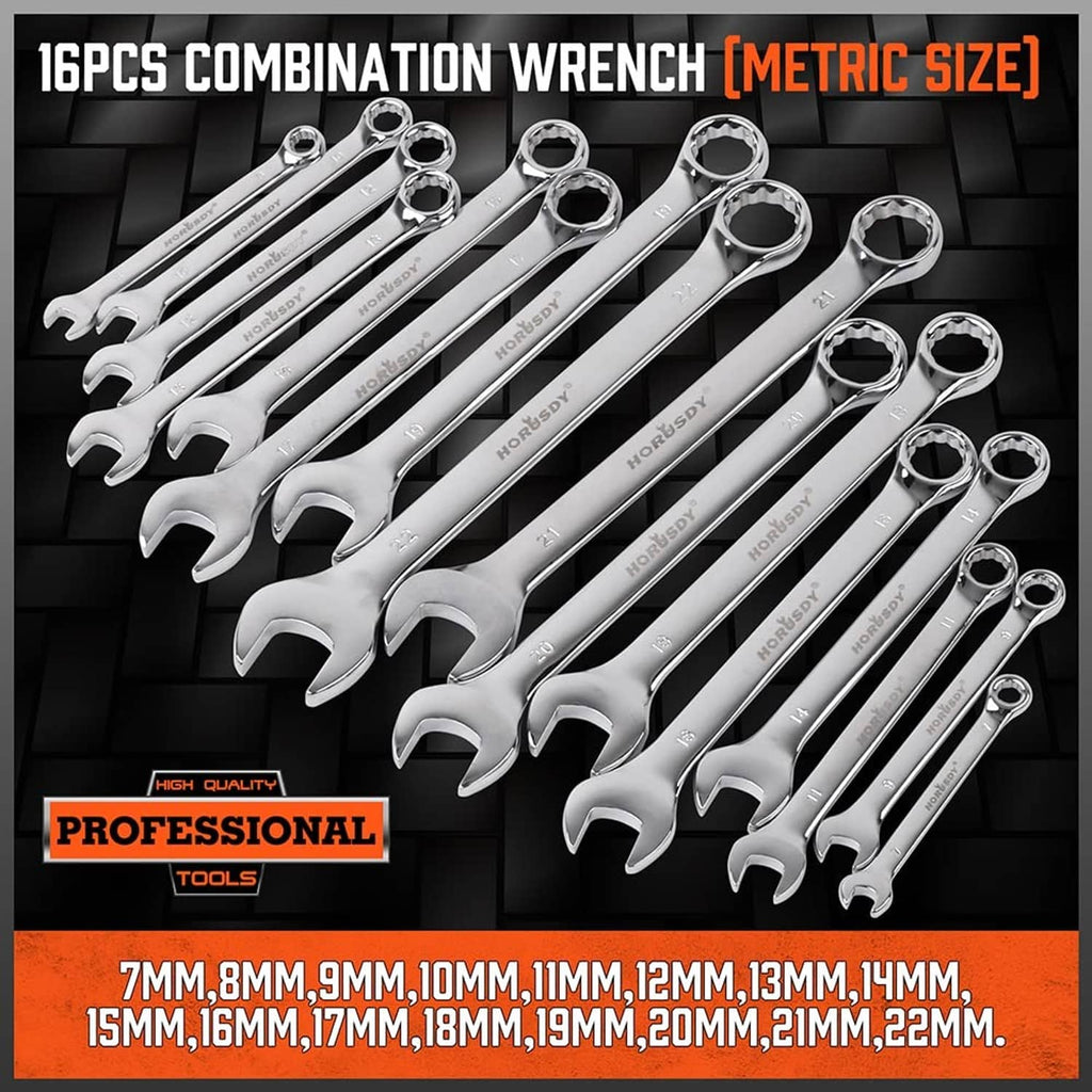 Chrome combination wrenches, 16-piece metric set with open ends and box ends