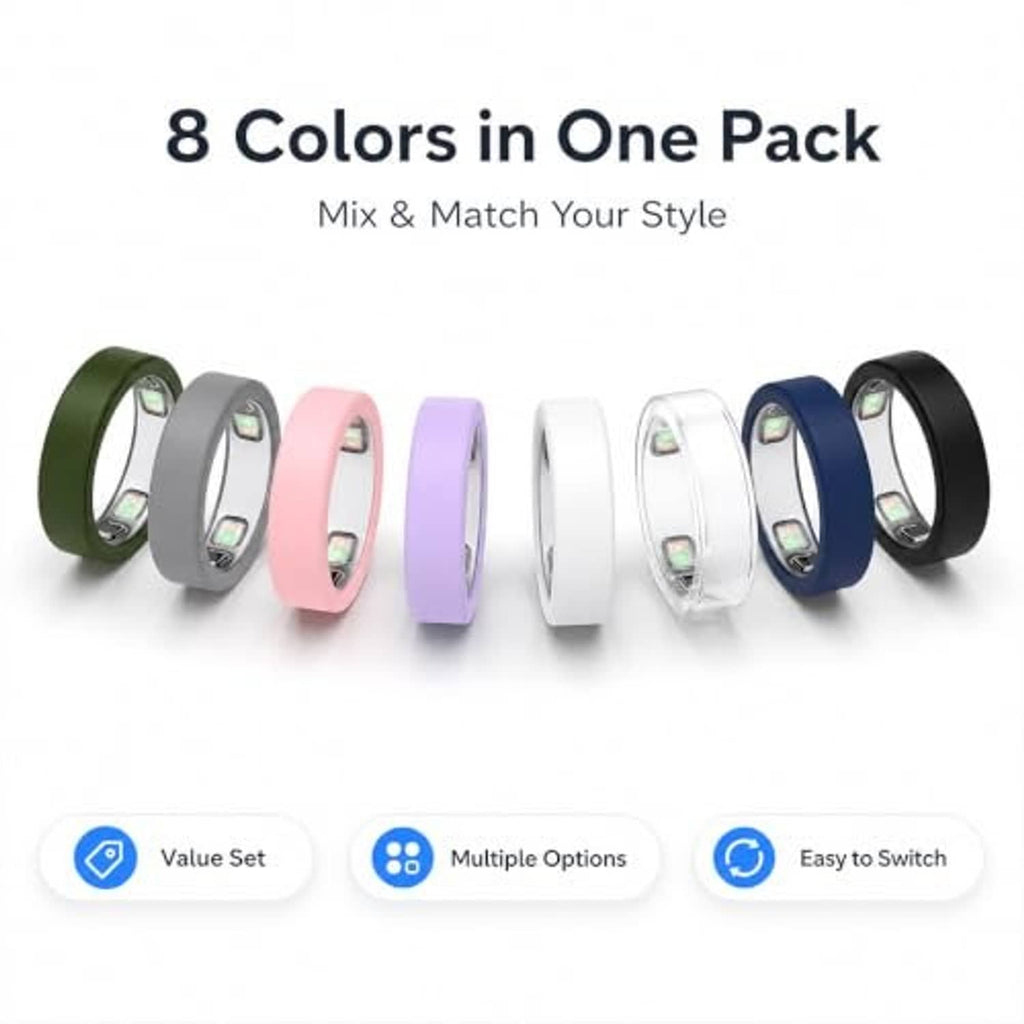 Eight silicone ring covers shown in mixed colors in one multi-pack set