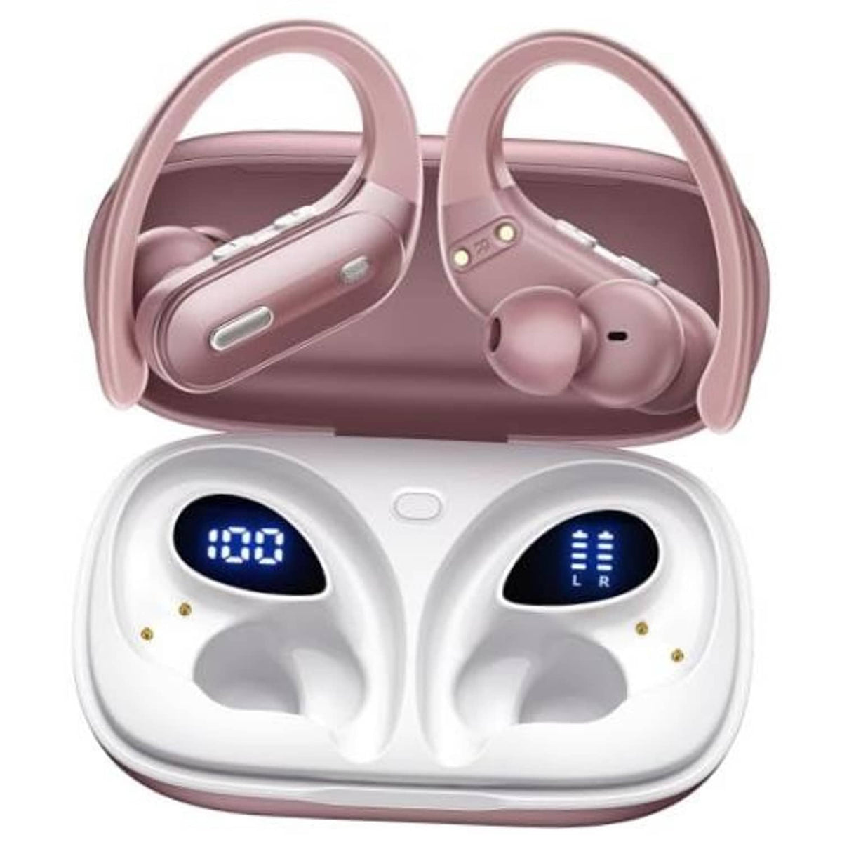 Wireless earbuds with charging case, rose pink earbuds and white case with LED indicators