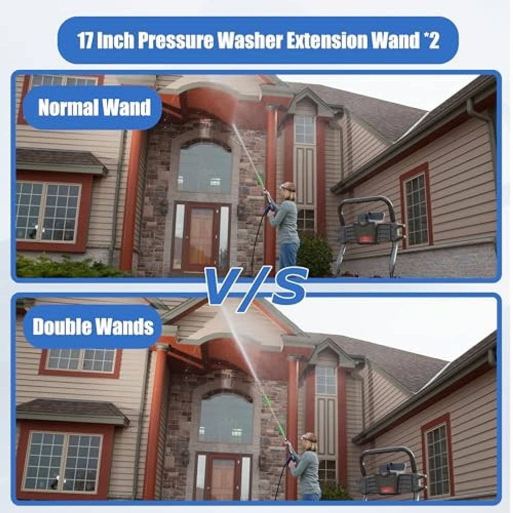 Pressure washer extension wand comparison graphic: stainless wand with green grip