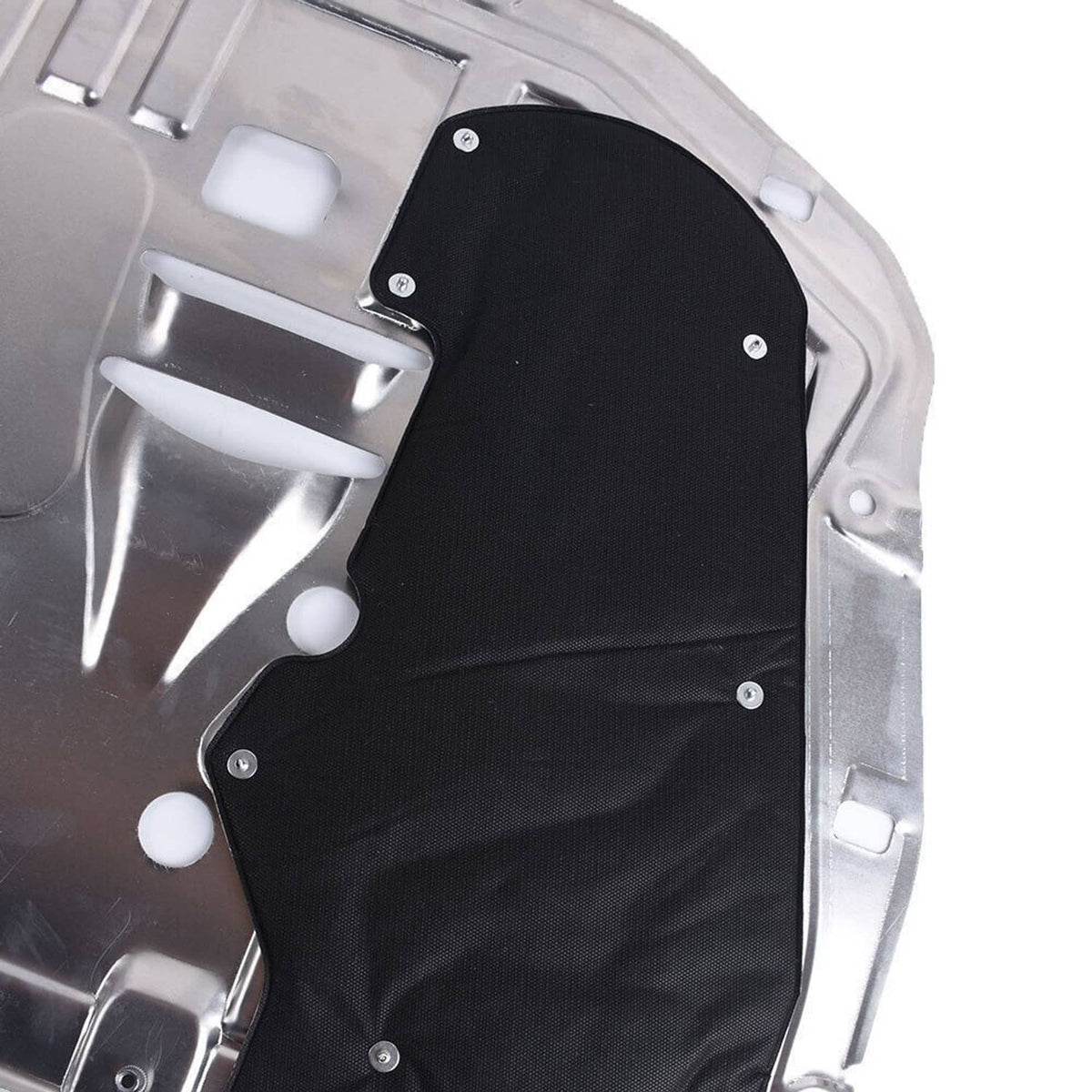 Close-up of black fabric liner attached to silver splash guard panel