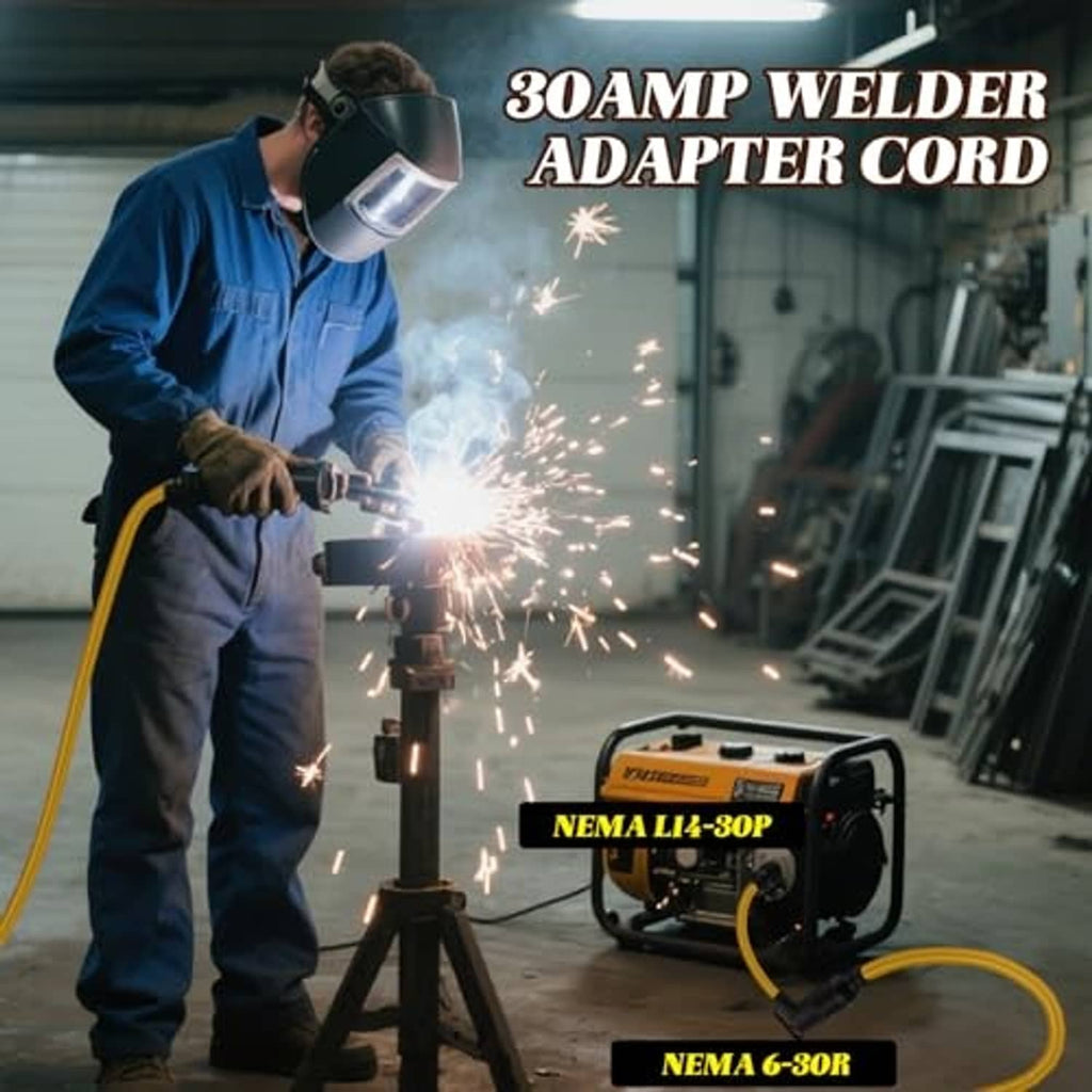 Welder adapter cord connected to a portable welder, yellow cable running to the adapter