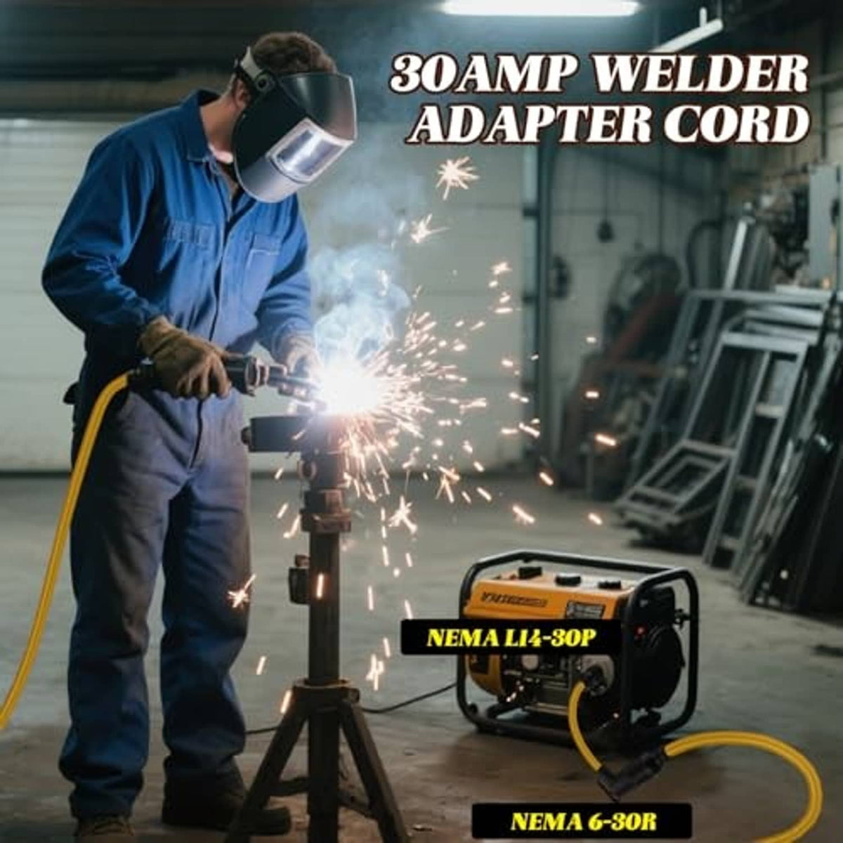 Welder adapter cord connected to a portable welder, yellow cable running to the adapter