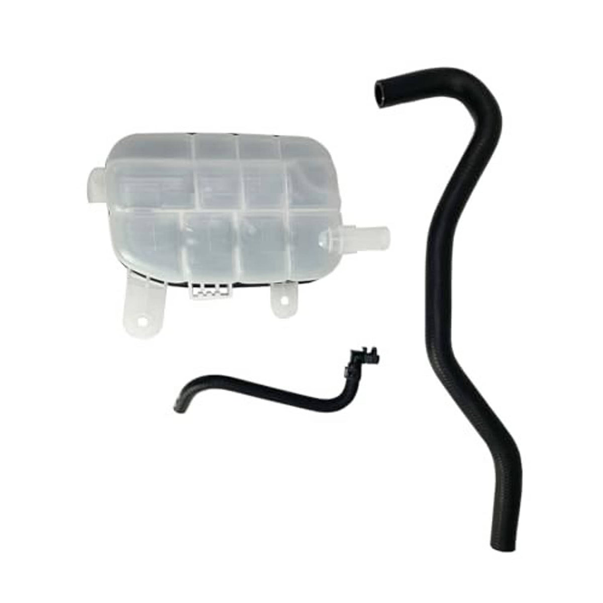 Translucent coolant reservoir tank with black hoses and mounting clips