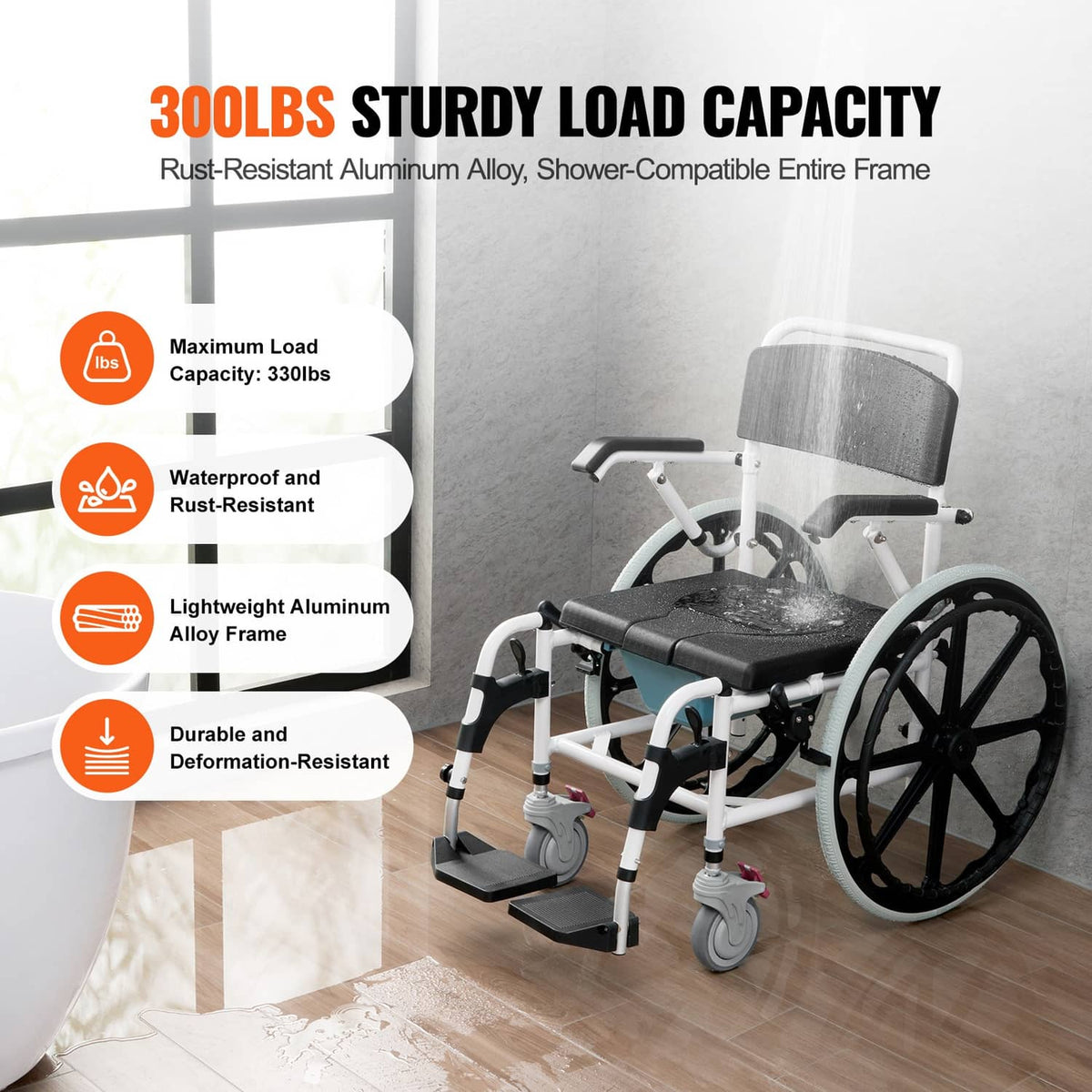Shower wheelchair with dark gray back and seat, white aluminum frame, large black rear wheels