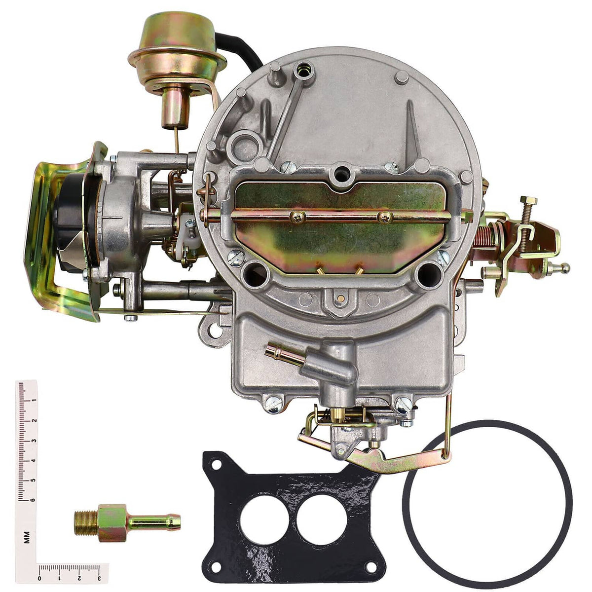 Two-barrel carburetor assembly with air horn, linkage, and mounting gasket