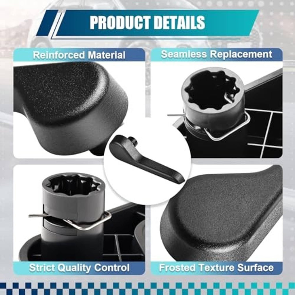 Black seat recliner handle lever close-up with textured end cap and base.