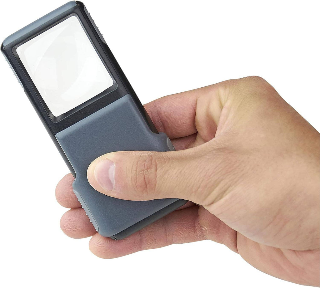 Handheld gray LED magnifier with slide-out aspheric lens cover, ready to use