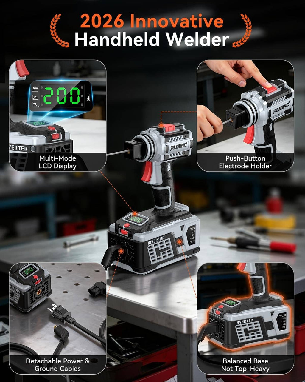 Gray handheld welder kit with electrode holder, cables, welding gloves, and power base