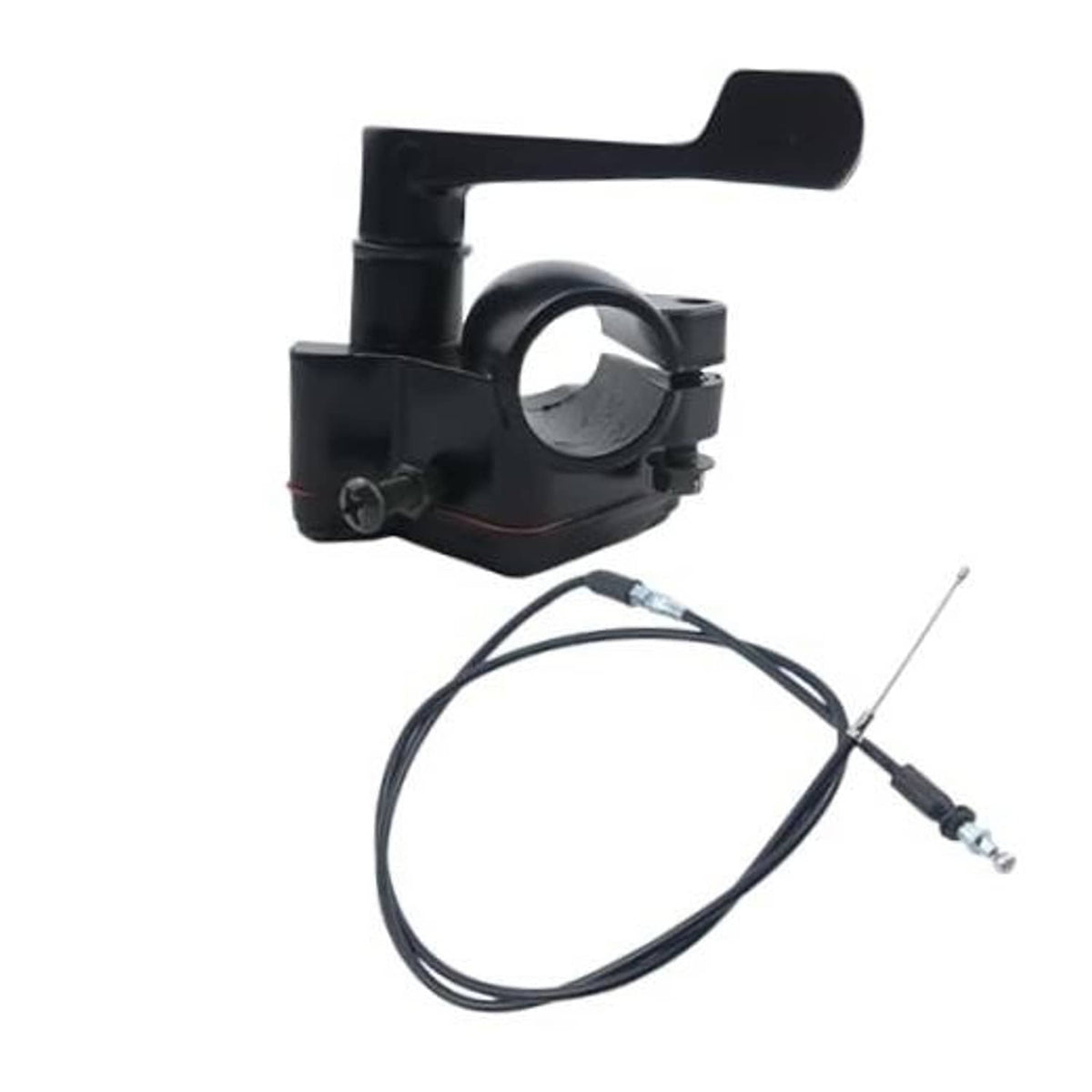 Black thumb throttle handle control assembly with attached cable and housing