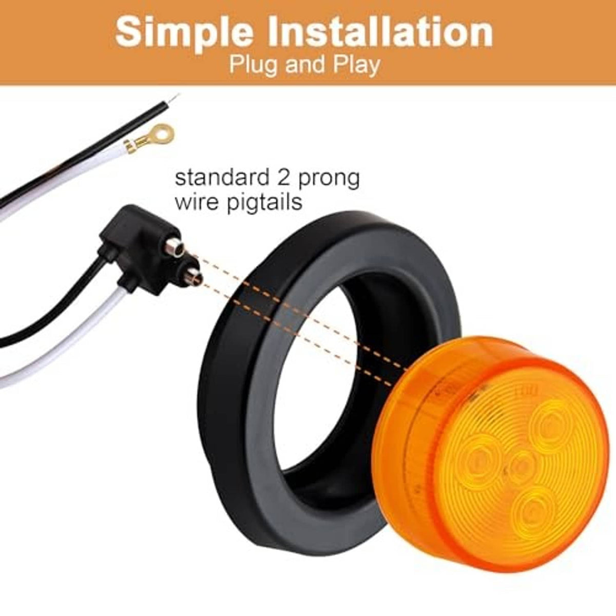Amber round LED marker light with black mount ring and two-wire pigtail leads