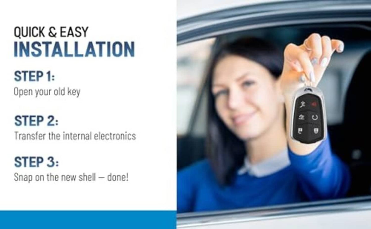 Key fob shell in hand, black button face with lock, unlock, and remote start icons