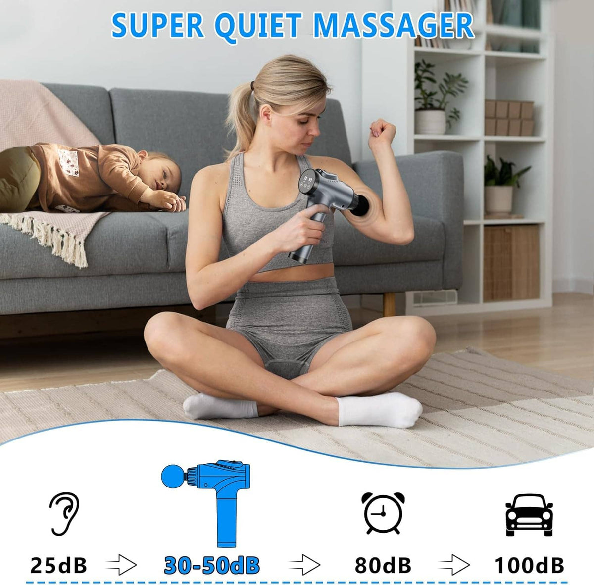 Handheld electric massage gun in use on shoulder with round massage head attachment