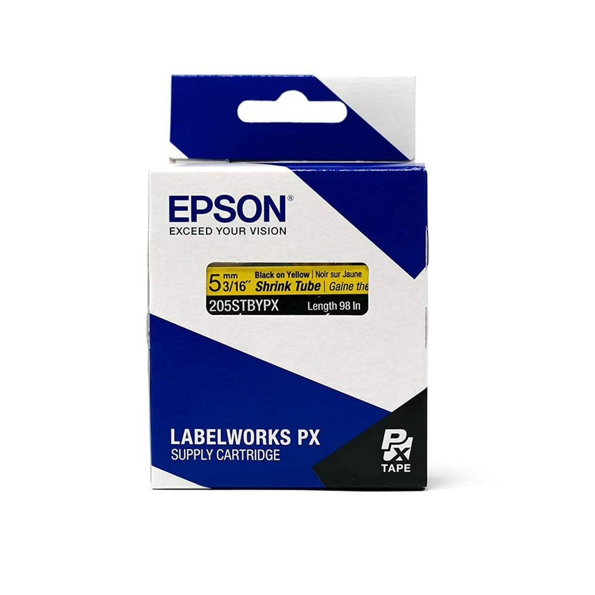Epson LabelWorks PX heat shrink tube supply cartridge box, black on yellow tape