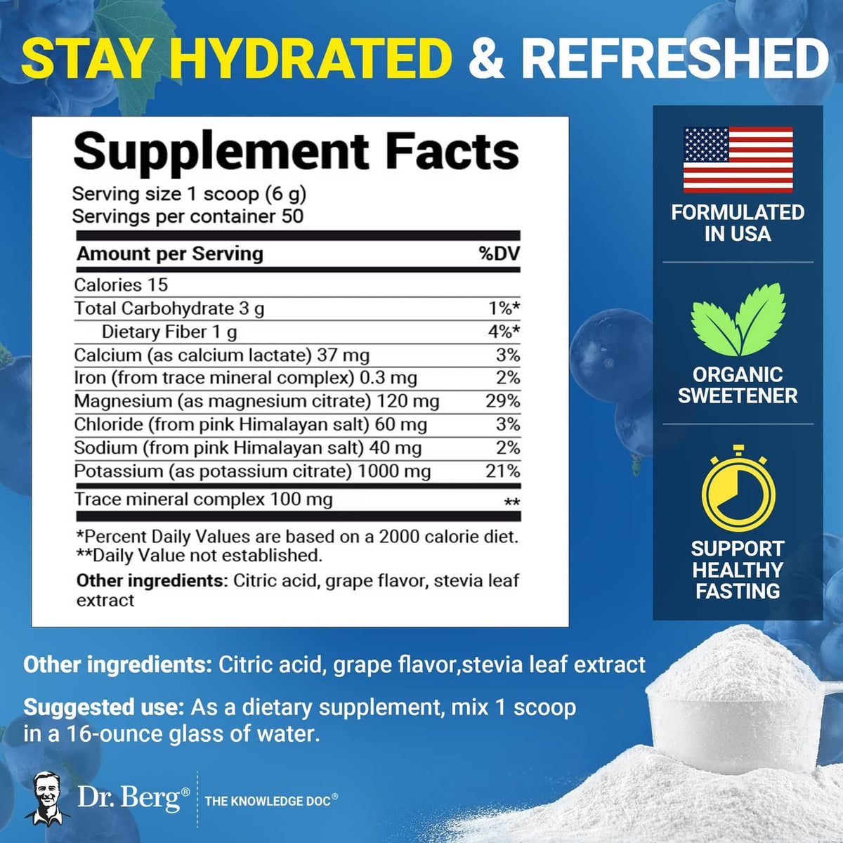 Dr. Berg electrolyte powder supplement facts label with serving size and nutrients.