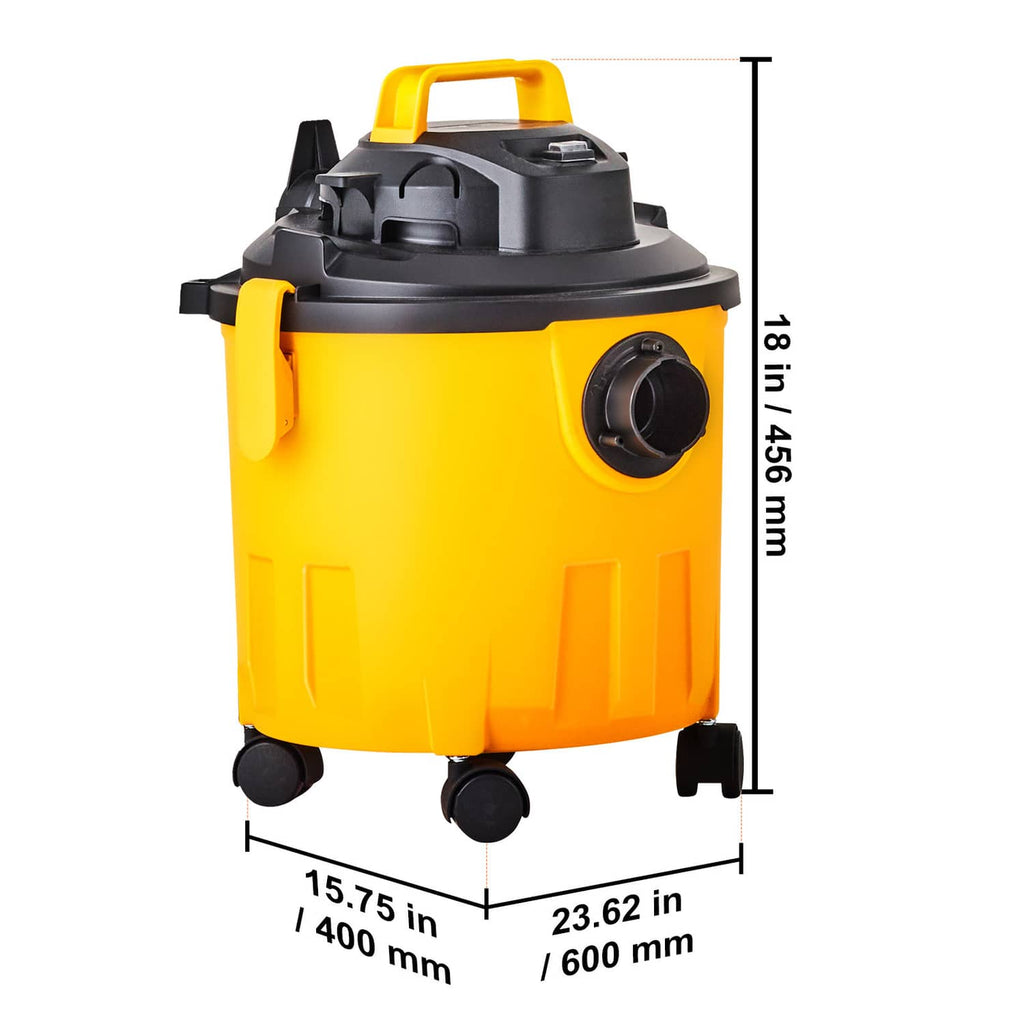 Wet/dry shop vacuum canister with top handle and side suction inlet, yellow body