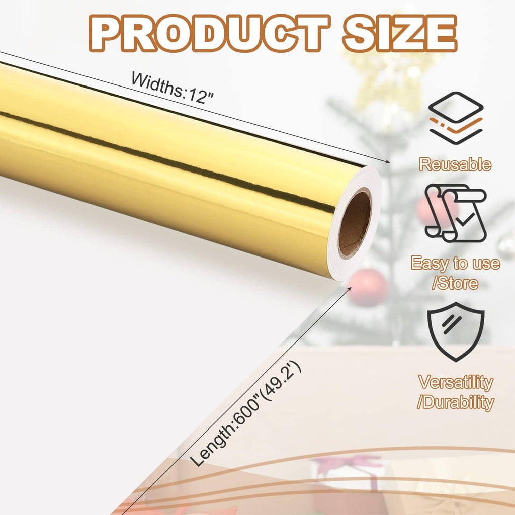 Gold metallic wrapping paper roll, 12 in wide and 600 in long