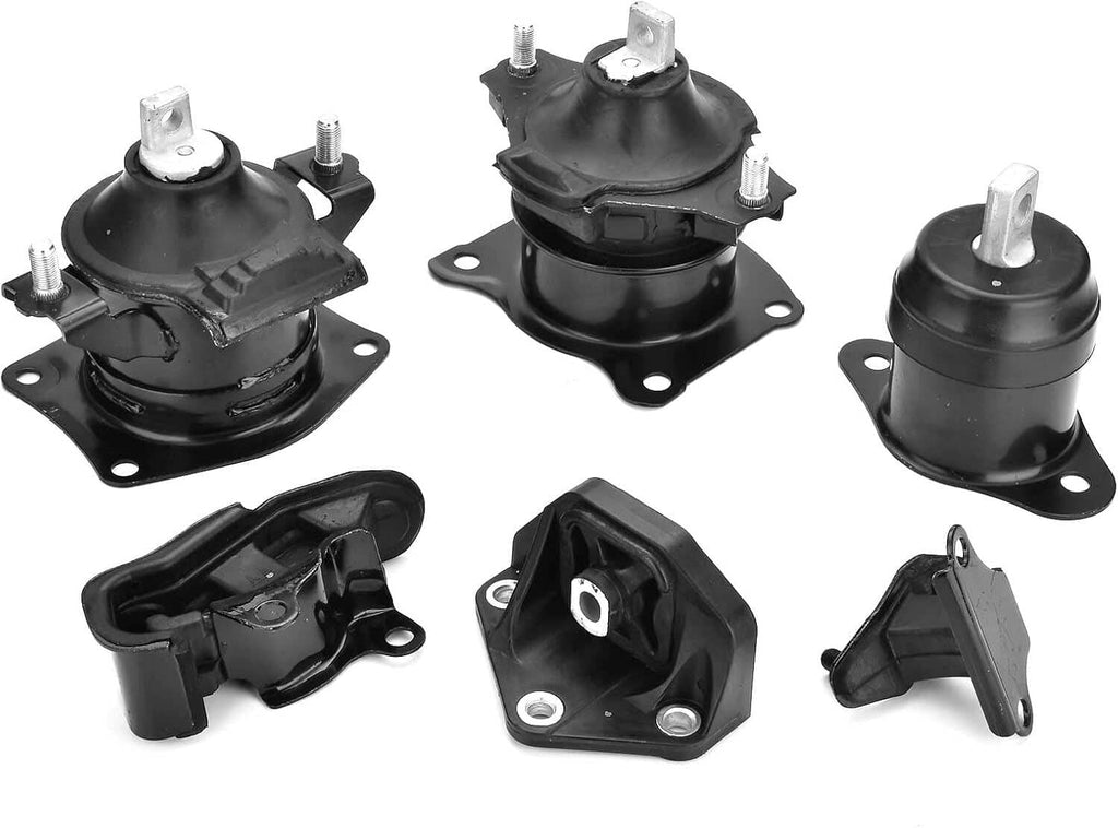 Black engine and transmission mount set with metal plates and threaded bolt posts