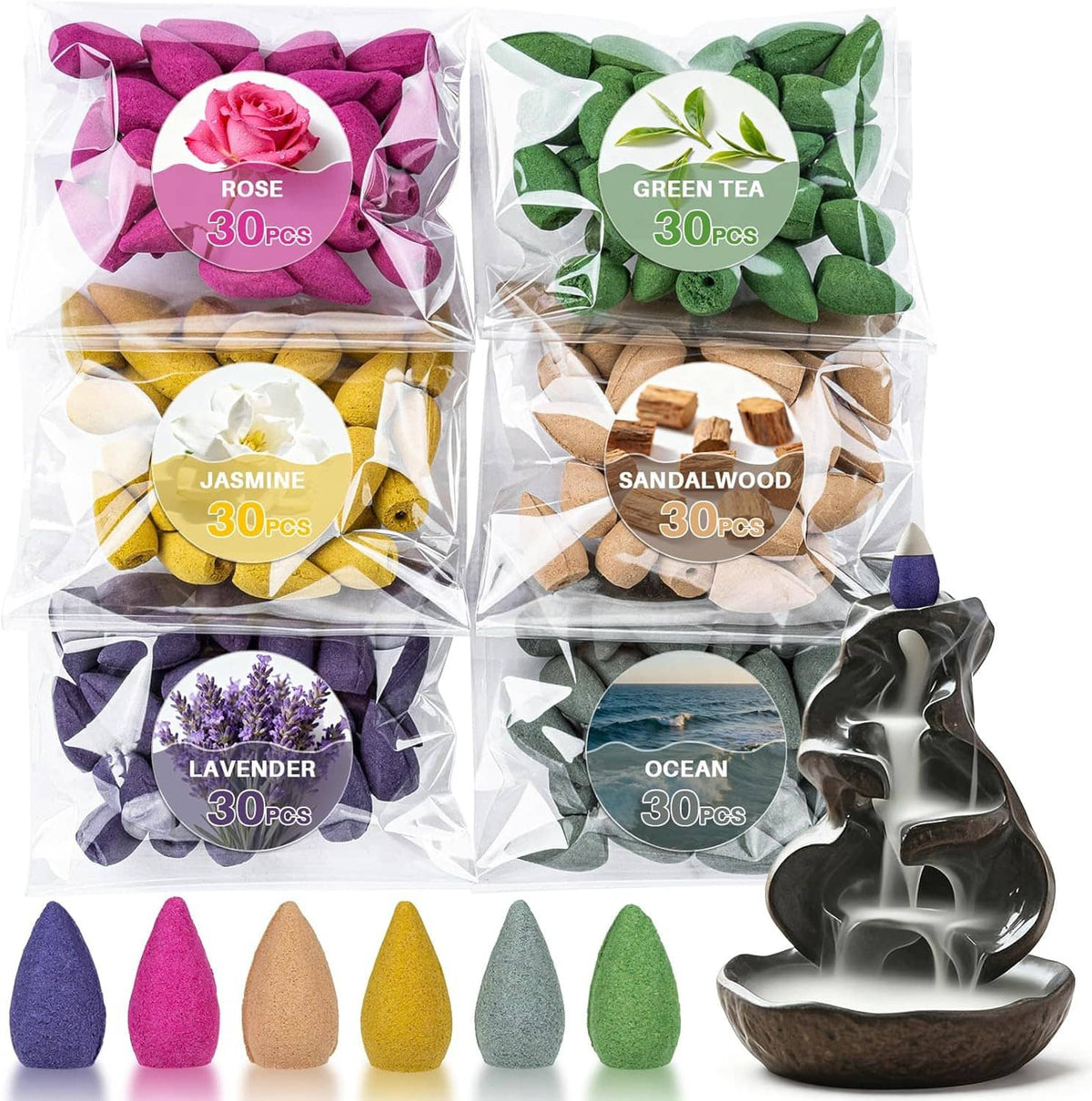 Backflow incense cones in assorted colors with six labeled packs and waterfall-style holder
