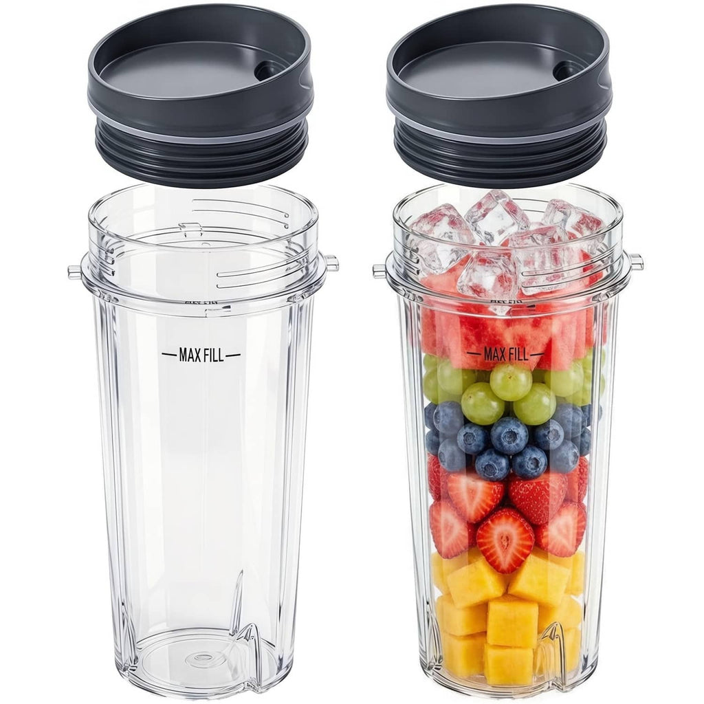 Set of 2 clear 16 oz blender cups with black lids, MAX FILL markings.