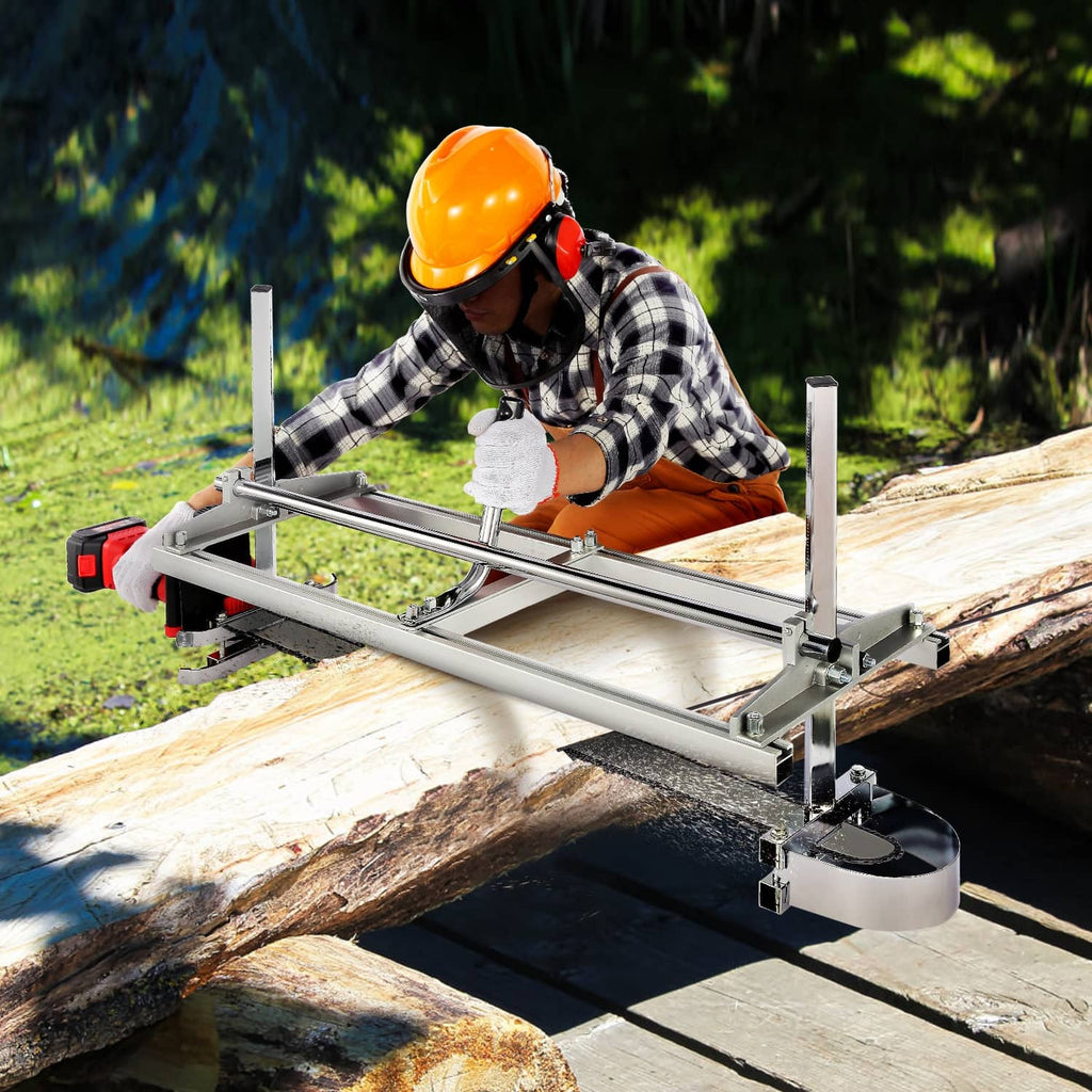 Chainsaw mill cutting guide in use on log, operator chainsaw aligned on silver rails