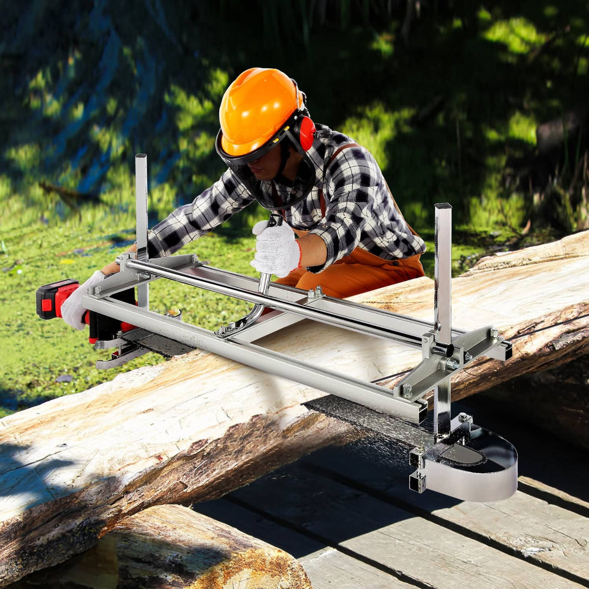 Chainsaw mill cutting guide in use on log, operator chainsaw aligned on silver rails