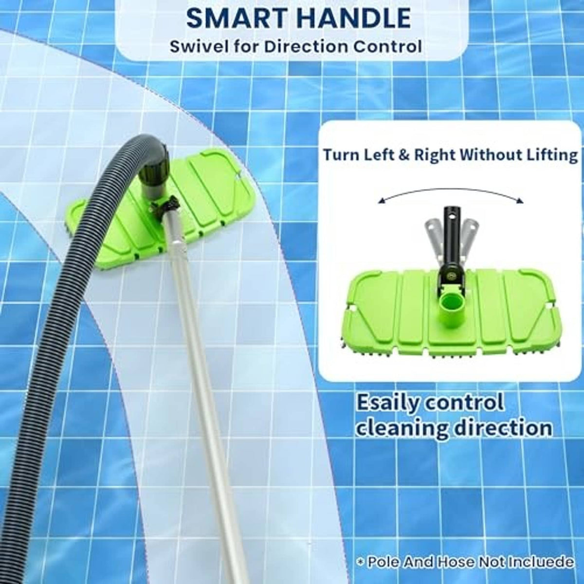 Green pool vacuum head with brush bristles and swivel tube for direction control