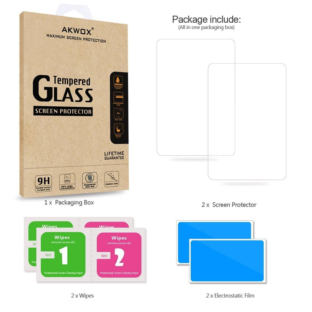 AKWOX screen protector package with 2 protectors, wipes, and installation films