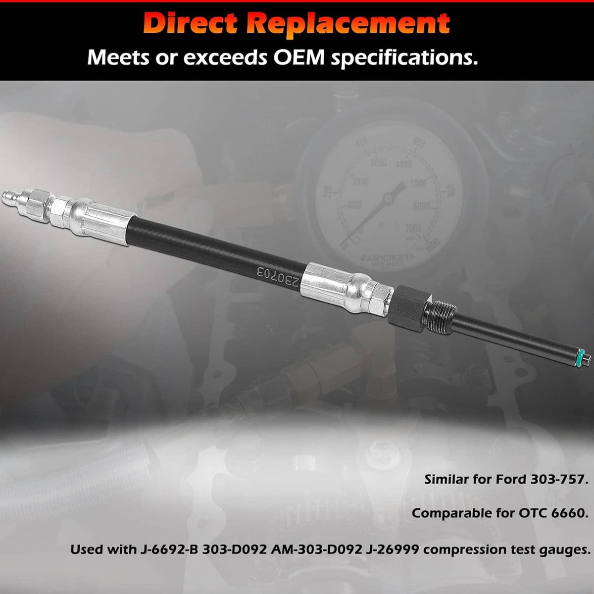 Compression tester adapter with black hose, silver couplers, threaded end connector