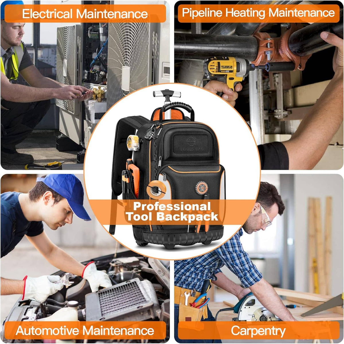 Black tool rolling backpack with orange accents for carrying tools to worksites