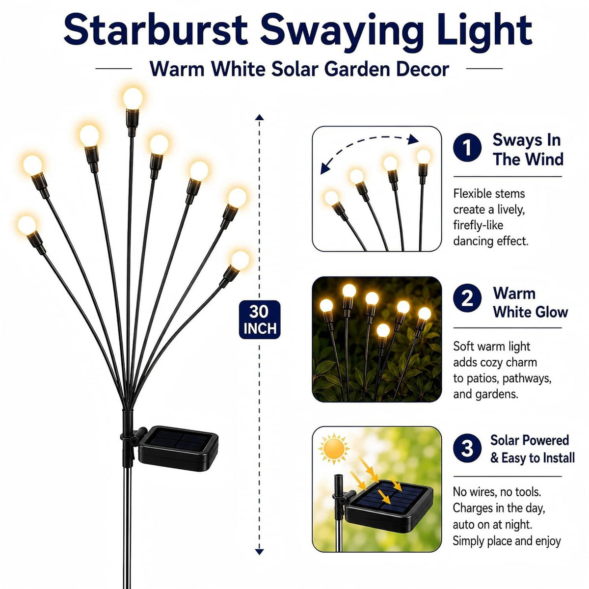 TONULAX starburst swaying solar garden lights with warm white bulbs, flexible stems, 6-pack