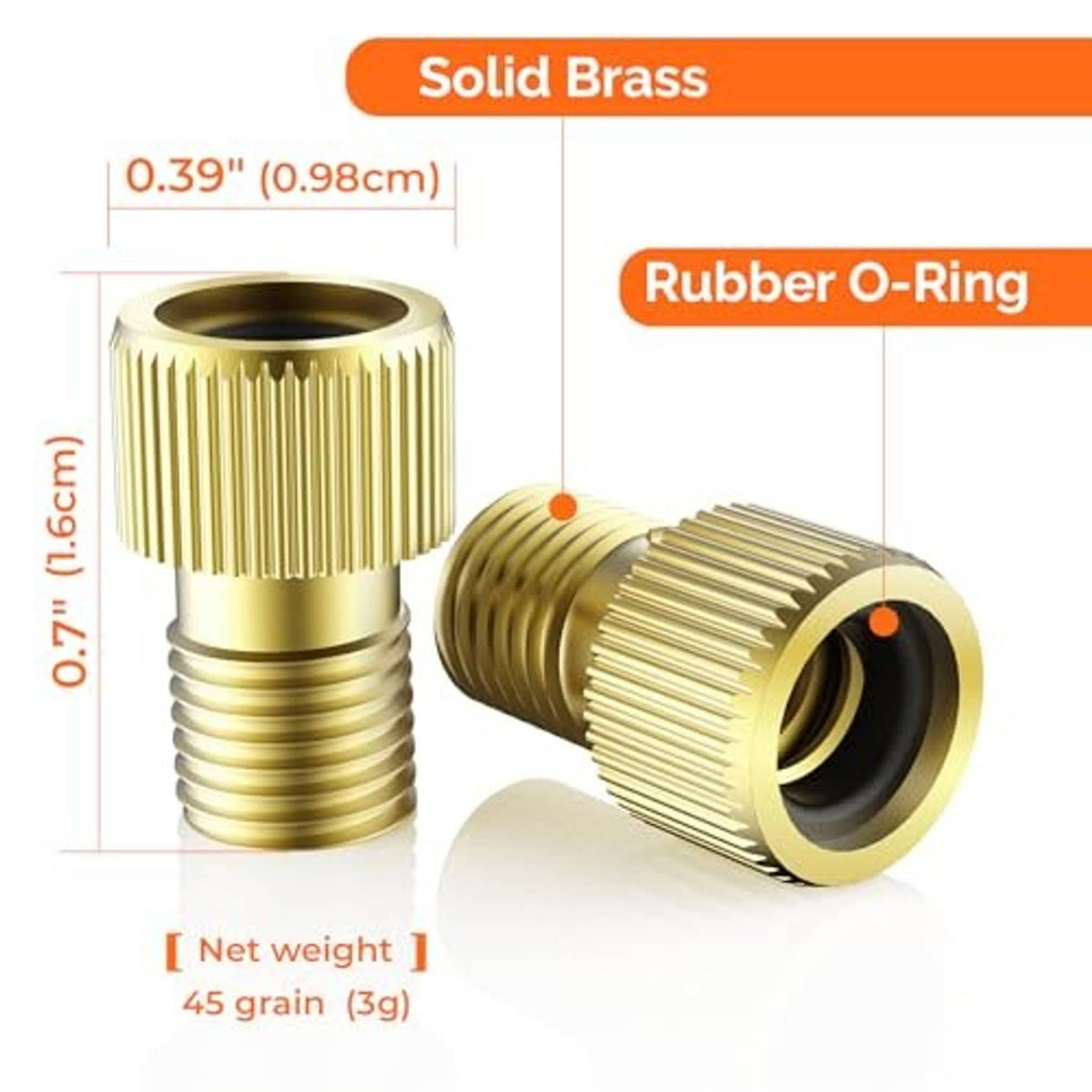 Solid brass valve adapter with rubber O-ring and threaded connector end, close-up.