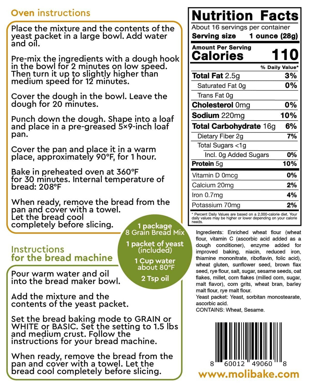 Molibake 8 grain bread mix back label with nutrition facts and ingredient list